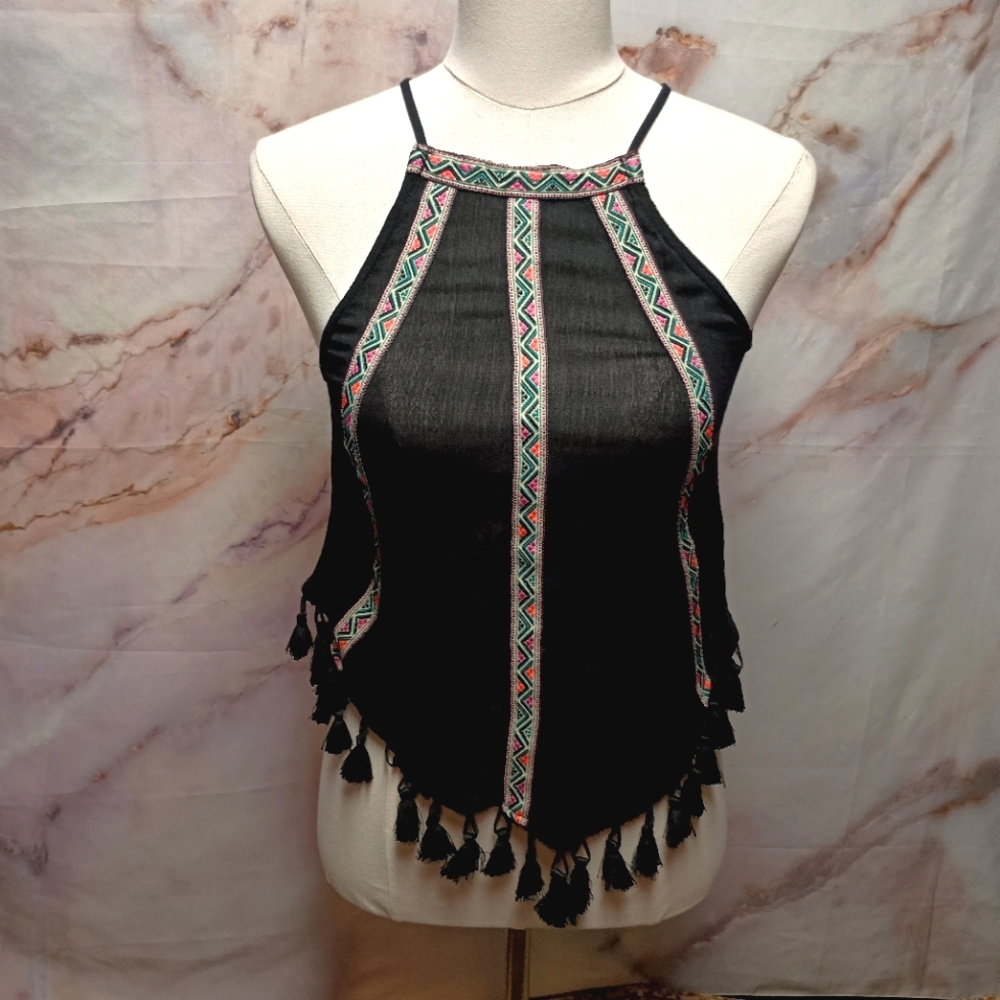 H&M Coachella NWT Women's Embroidered Boho Black Tassle Tank Size 2